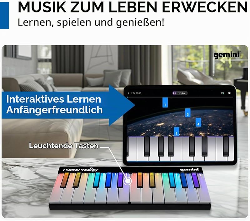 Sound PianoProdigy – Beleuchtete 24er Bluetooth-Tastatur – Tragbares und erweiterbares Piano für angehende Musiker – MIDI-Funk-Controller für iOS/Android-Geräte (erfordert eine App)