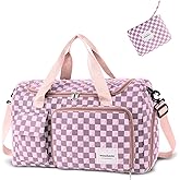 WOOMADA Foldable Travel Duffel Bag with Shoes Compartment, Overnight Bag with Wet Pocket & Trolley Sleeve, Weekender Bags for Women (pink checkerboard)