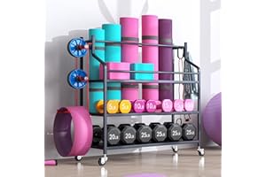 Azheruol Yoga Mat Storage Rack Cart Multifunctional large Capacity Dumbbell Stable Steel Rolling Storage rack for Large Rolling Kettlebells Rope,Home Gym Workout Organizer Fitness Sports for Home