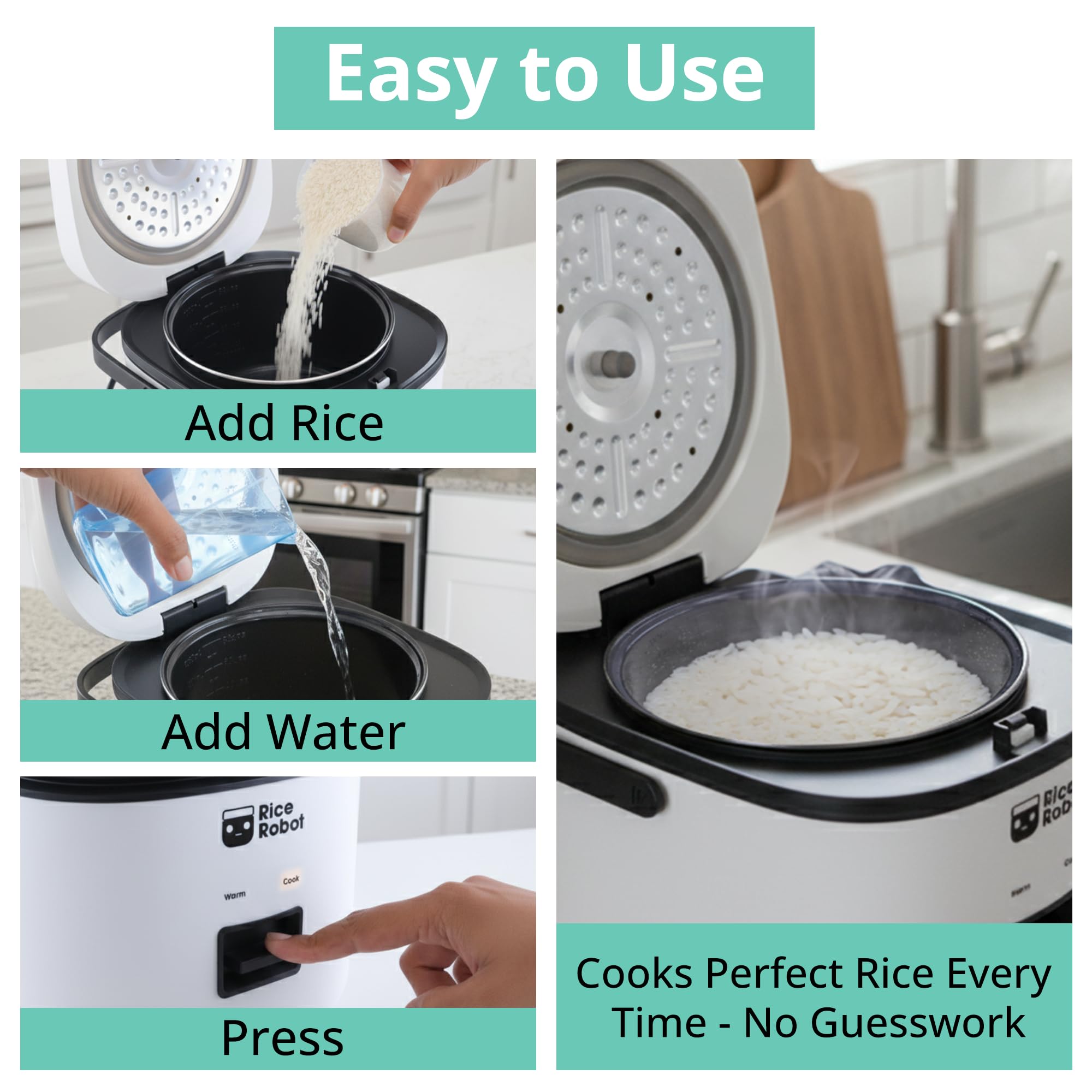 Rice Robot Personal Rice Cooker, PFAS-free, Nonstick. 1 Quart Capacity, with Stainless Steel Steamer Tray, Measuring Cups, Recipe Book with 60 Recipes, and Serving Spoon, As Seen On TV