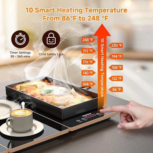 FEPPO ELECTRIC WARMING TRAY, 4-IN-1 FOOD WARMERS FOR PARTIES BUFFET WITH 10 TEMP SETTINGS AND TIMER, 33″X15″ GLASS SURFACE WARMING MAT FOR FOOD, MODULAR BUFFET HOT PLATES FOR CATERING AND GATHERINGS