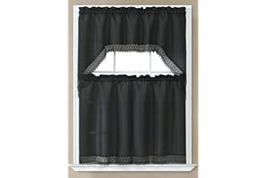 GLORY RUGS 3pc Kitchen Curtain Solid Black Valance Set 1 Swag Valance and 2 Tiers 2 Tiers Width 29"x 34" Each and The Valance Length 58"x34"