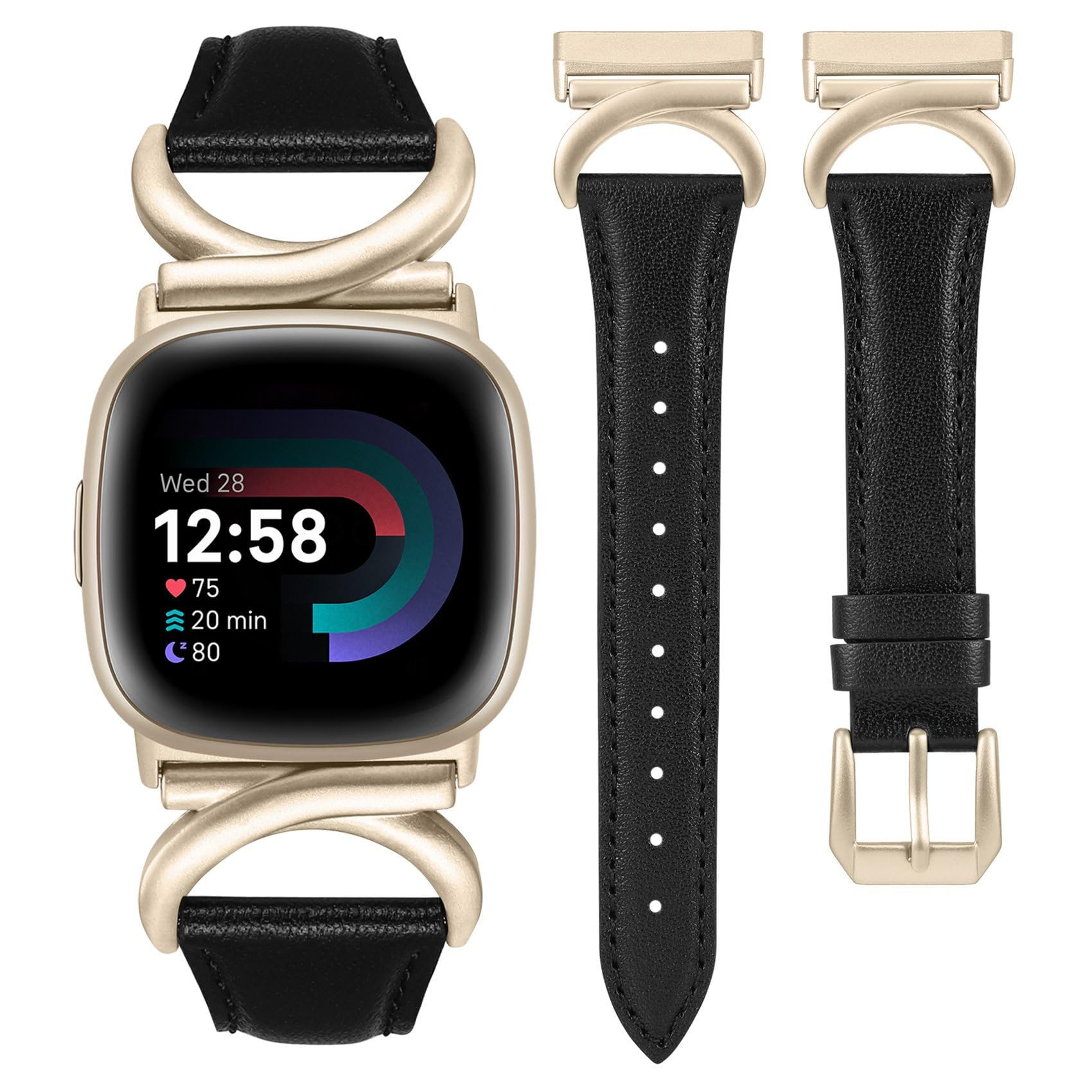 TOYOUTHS Leather Strap Compatible with Fitbit Versa 4/Versa 3/Sense 2 Women Slim Thin Dressy Premium Leather Strap with C-Shaped Metal Buckle for Versa 4, Black/Champagne Gold