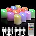 Rechargeable Flameless Tea Lights Candles with Timer & Remote, 12pcs RGB Color Changing Electric Fake Candle with 2 USB Charging Cables, Realistic Flickering LED Christmas Decoration Candles for Home