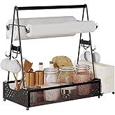 Grill Caddy, BBQ Caddy with Paper Towel Holder, Condiment Utensil Caddy for Outdoor Camping with 4 Hooks, Barbecue Accessorie