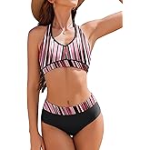 AI'MAGE Bikini Sets for Women High Waisted Two Piece Bathing Suit Tummy Control Swimsuits Halter Color Block Swimwear 2025