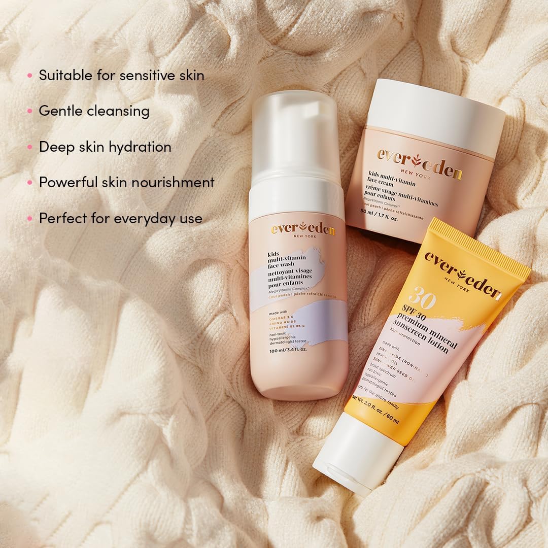 Evereden Kids Skincare Bundle: 1-2-3 Routine with Multi-Vitamin Peach Face Wash, Cream, SPF 30 & Spa Headband – Gentle, Nourishing Skincare & Fun Hair Management for Kids – Perfect for Daily Care