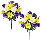 Cemetery Flowers 2pack Cemetery Decorations for Grave Funeral Flowers Rose Lily Chrysanthemum Artificial Cemetery Flowers for Grave Graveyard Memorial Flowers for Gravesite Headstones -Purple Yellow