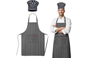 Kitchen Aprons Chef Hat Set for Men Women, Adjustable Bib Apron with Pockets for Cooking Baking, Black and White Stripped Che