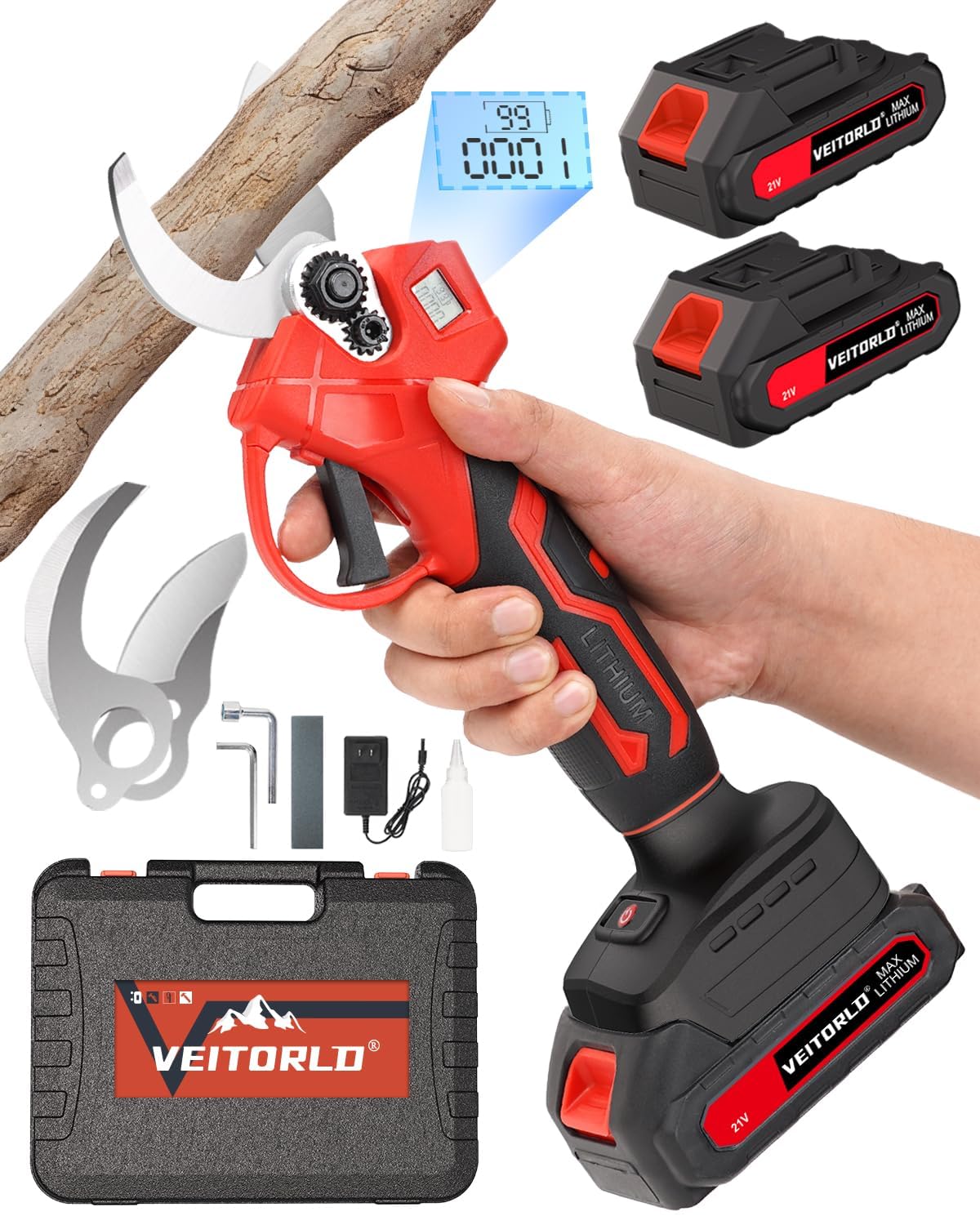 Veitorld Akku Astschere 30mm, Elektrische Gartenschere mit 2 Akkus 2000mAh