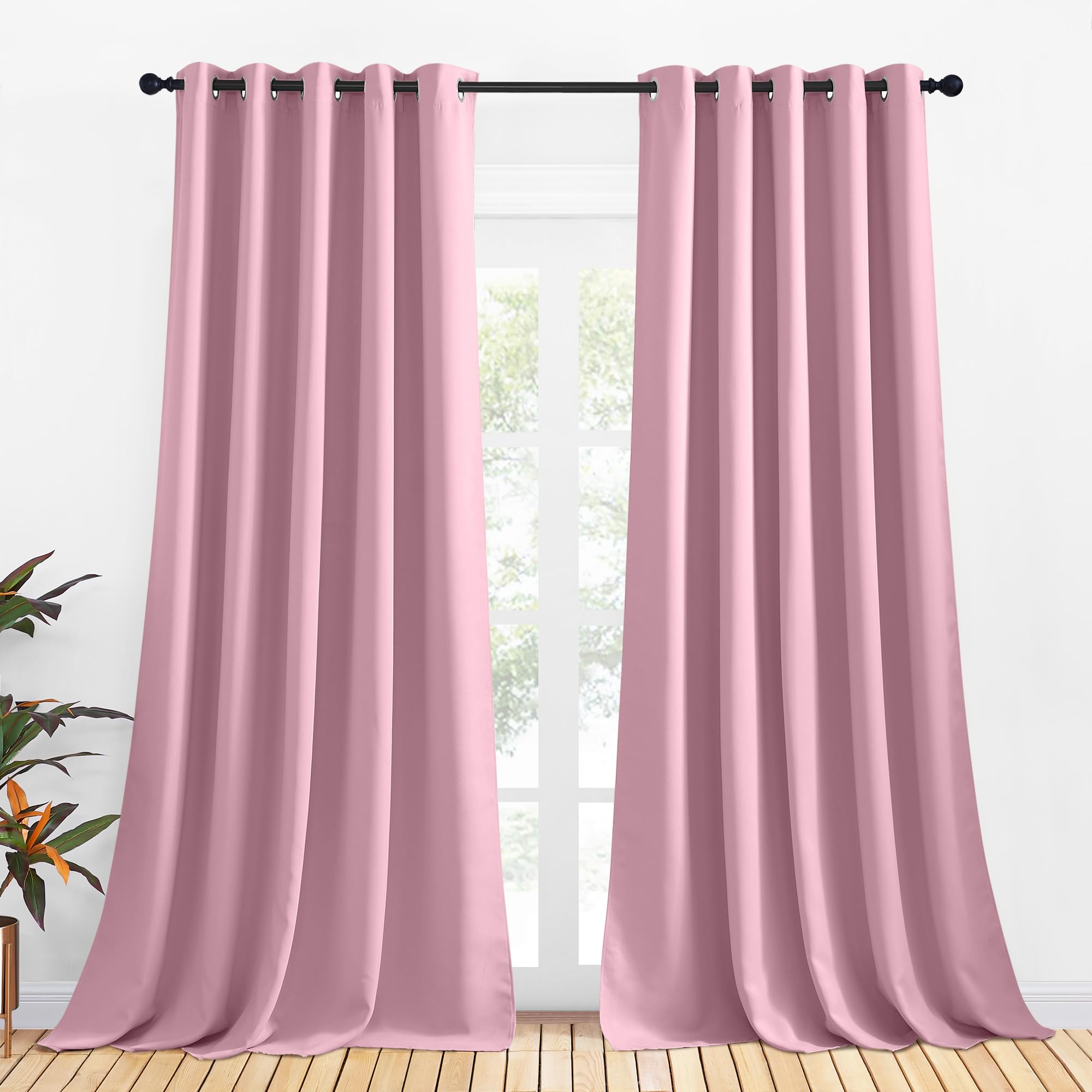 NICETOWN Bedroom Curtains Blackout Drapery Panels, 2 Panels, 70 x 108 inches, Rouge Pink, Three Pass Microfiber Thermal Insulated Solid Ring Top Blackout Window Curtains/Drapes Image
