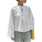 GORGLITTER Women's Bell Long Sleeve Boho Embroidered Peasant Tops Eyelet Blouses Tie Front Flowy Shirts Dressy Casual Outfits