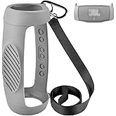 Silicone Case Cover for JBL Charge 5 Waterproof Portable Bluetooth Speaker, Travel Carrying Protective Gel Soft Skin, Waterproof Rubber Pouch with Shoulder Strap and Carabiner - Grey
