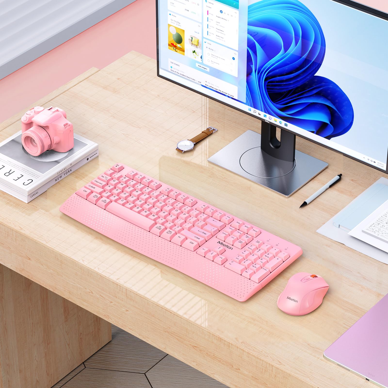 MEETION Wireless Keyboard and Mouse, Full-Sized Cordless Keyboard with Wrist Rest and 3 DPI Adjustable Mouse, 2.4G Wireless, Compatible with PC/Computer/Laptop/Windows/Mac, Pink