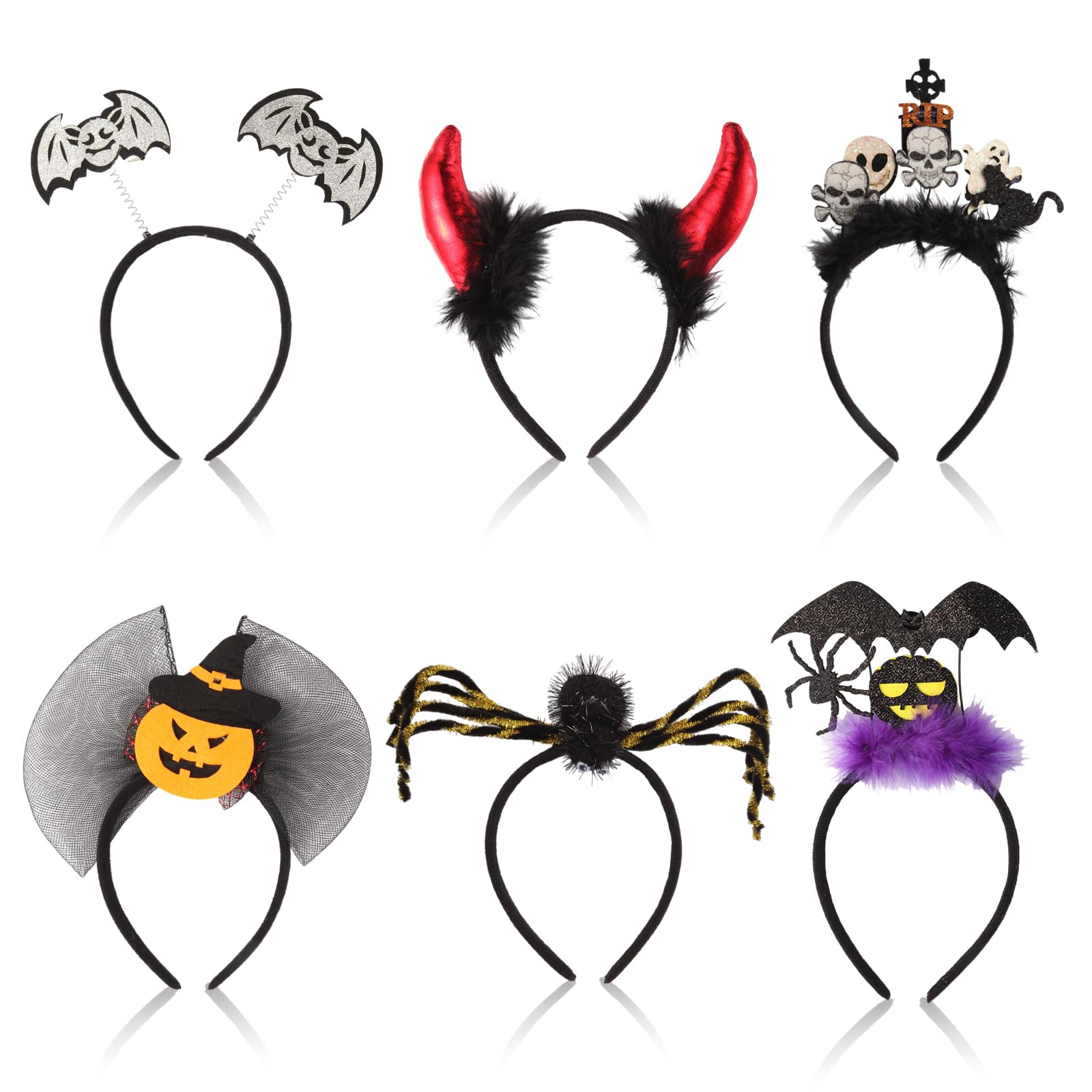 View 1 of ABLINGAMSUIT 6 PCS Halloween Headband Head Boppers with Pumpkin Demon Skull Ghost Spider Web Witch Hat Headband for Pet Boy and Girl Women Costume Cosplay Party