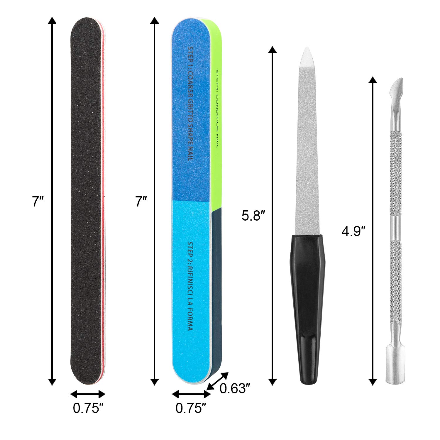 EAONE Nail File Buffer, Professional Manicure Tools Kit, 7 Sided Fingernail Files 6 Pack, Nail Buffer 100/180 Grit 10 Pack, Stainless Steel Nail File 1 Pack, Stainless Steel Cuticle Pusher 1 Pack : Beauty