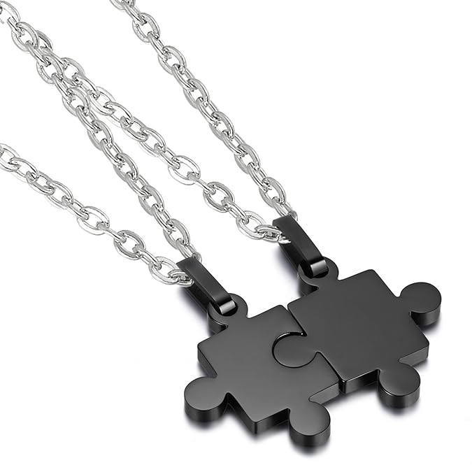 Cupimatch Valentinstagsgeschenk 2PCS Herren Damen schwarz Edelstahl Paar Halskette mit Puzzle Anhänger, Weihnachten Valentine