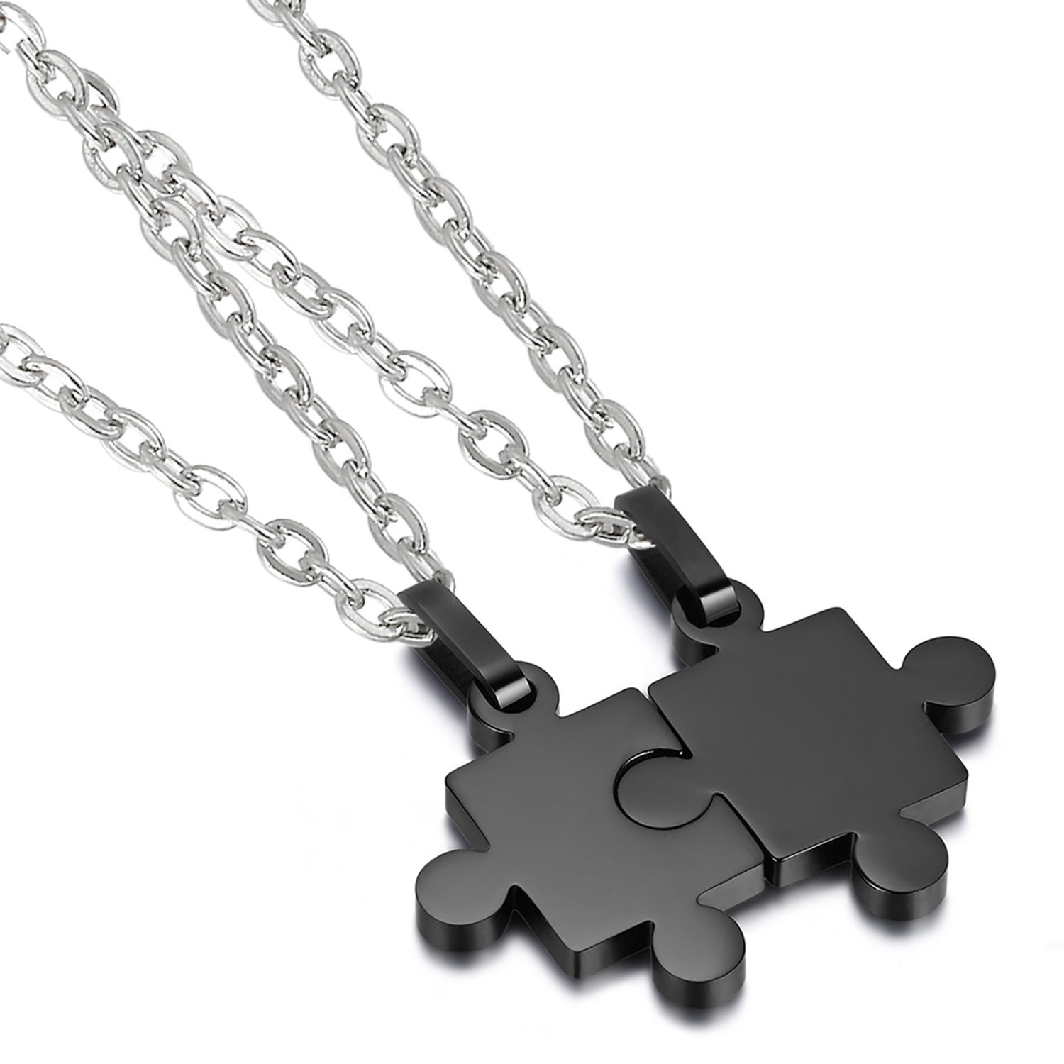Cupimatch 2 Pieces Black Stainless Steel Puzzle Matching Pendant Couple Necklace Set with 18" & 22" Chain