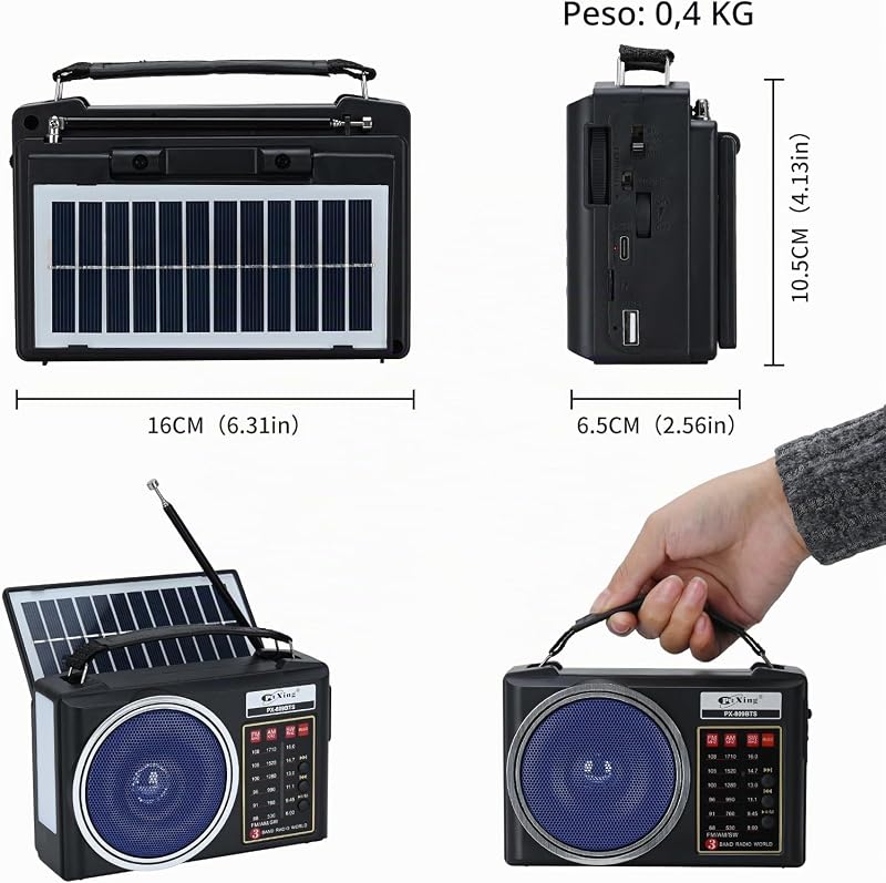 Radio Am/FM/SW Bluetooth Retro portátil y compacta con Panel Solar, iluminación LED portátil, batería Recargable, Reproductor MP3 Compatible con Tarjeta TF/USB (Azul) — foto 7 de 7