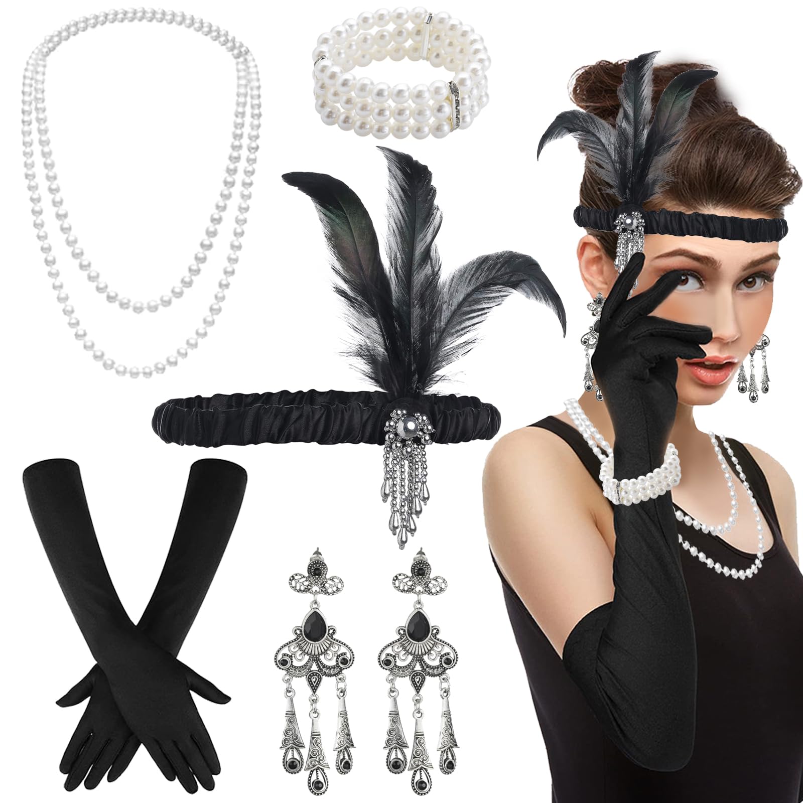 BDSHUNBF 1920 Accessories, 1920s Flapper Great Gatsby Accessories Set, Roaring 20's Theme, 20's Theme Vintage Fashion, Women Ladies Charleston Fancy Dress Up
