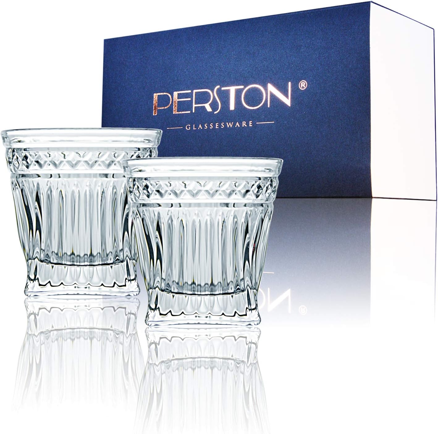 PERSTON Design Drinking Glassware Whiskey Rocks Glasses 10 Oz Old Fashioned for Irish Tumblers Bourbon,Cognac,Rum,Wine,Cocktails,Beer,All Beverage(Striped Type Whiskey Set 2pc/Set)