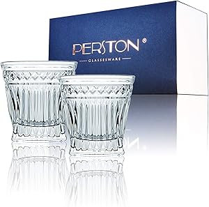 PERSTON Design Drinking Glassware Whiskey Rocks Glasses 10 Oz Old Fashioned for Irish Tumblers Bourbon,Cognac,Rum,Wine,Cocktails,Beer,All Beverage(Striped Type Whiskey Set 2pc/Set)