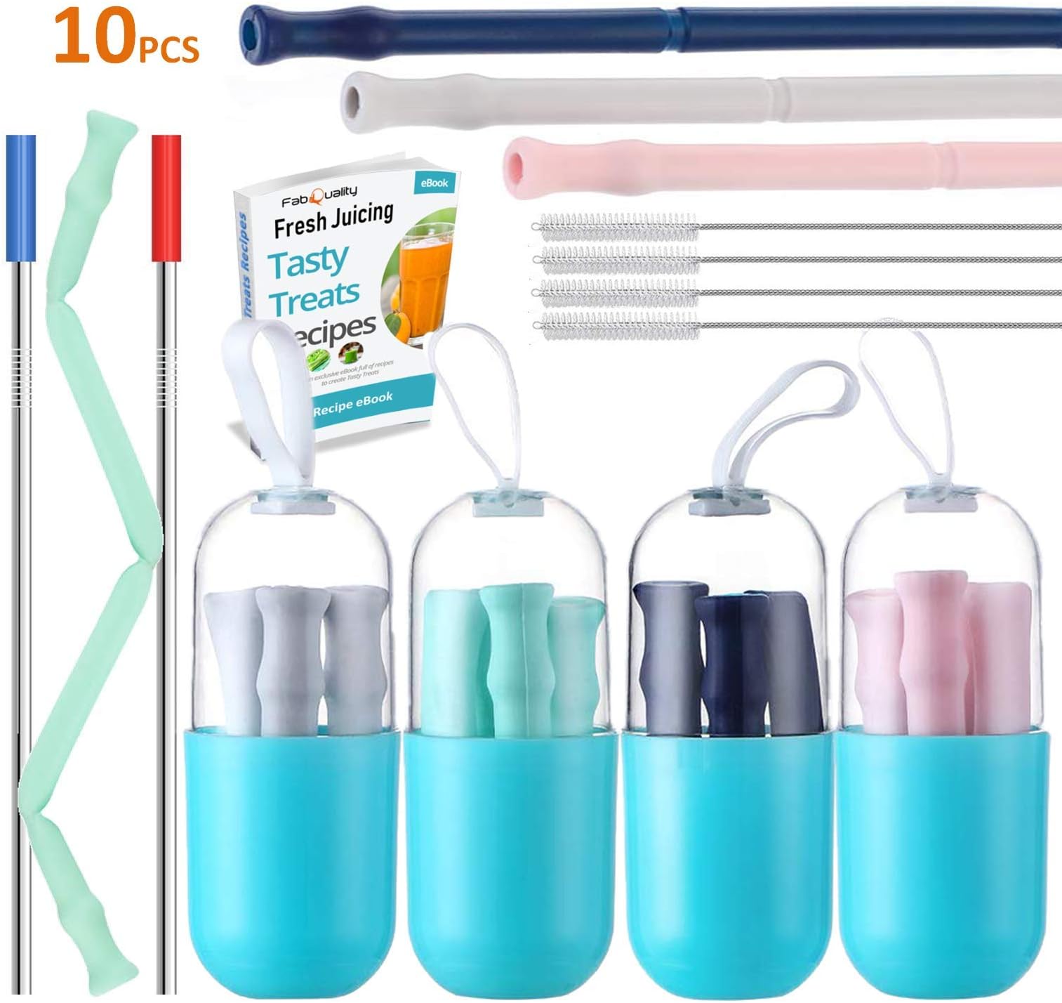 Reusable Straws Silicone Collapsible Straw - Extra Long 10" Portable Straws 4 Pack for 30&20 oz Tumbler, with 4 Cleaning Brushes + 4 Carrying Case + 2 stainless steel straw + eBook, Perfect for Travel