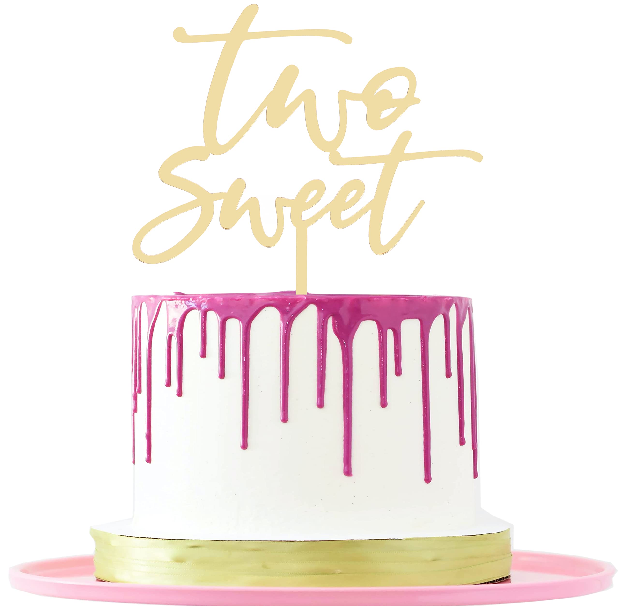 LOVENJOY Gift Boxed Two Sweet Cake Topper Decorations for Boy Girl 2nd Birthday Party Supplies, Gold