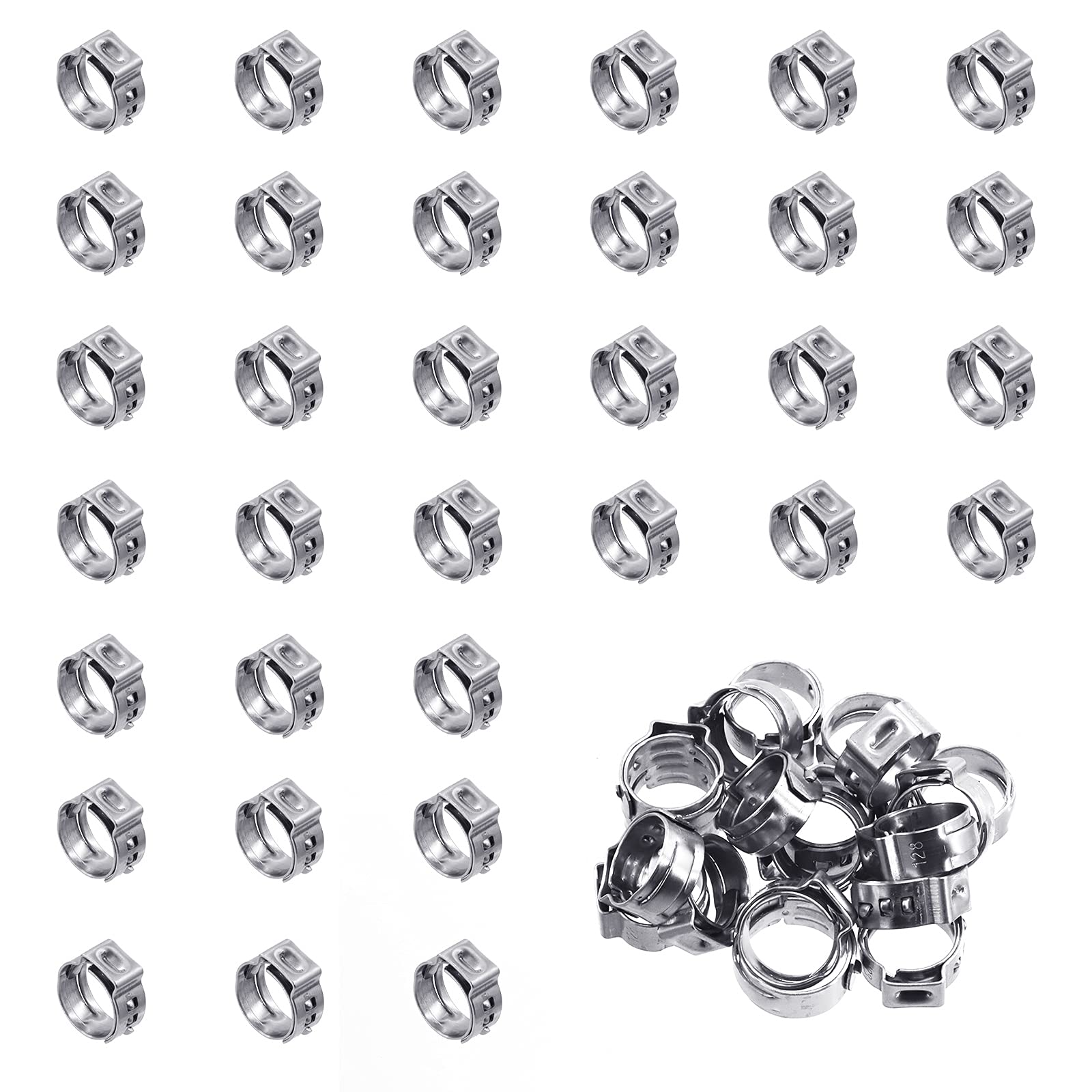 Wokape 50Pcs 10.3-12.8mm Single Ear Hose Clamps, 304 Stainless Steel PEX Pinch Clamps Cinch Rings Crimping Tool Stepless Hose Clamp for Securing Pipe Hoses and Automotive