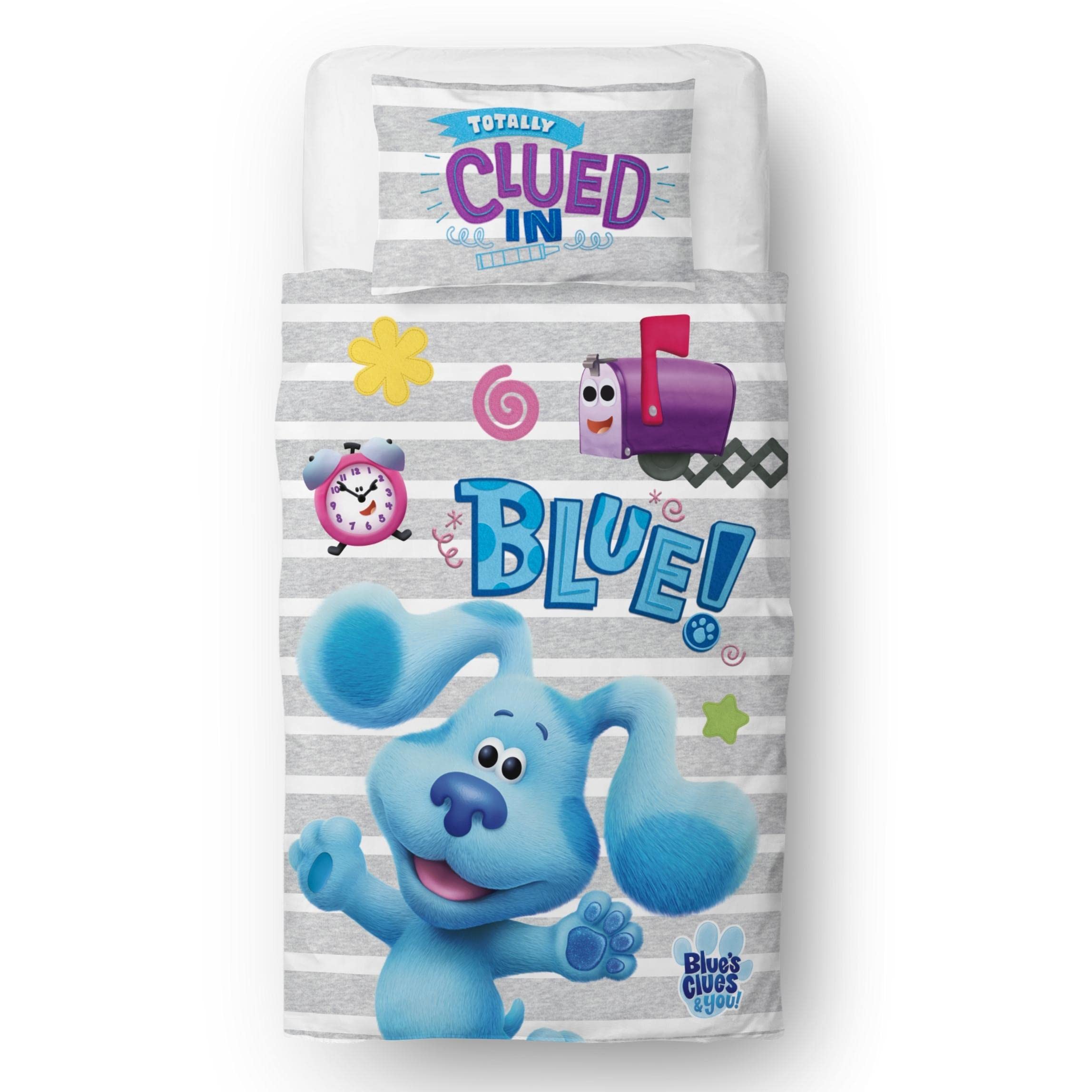 Blues Clues Single Duvet Cover Officially Licensed | Reversible Two Sided Group Design with Matching Pillowcase, Polycotton, Grey
