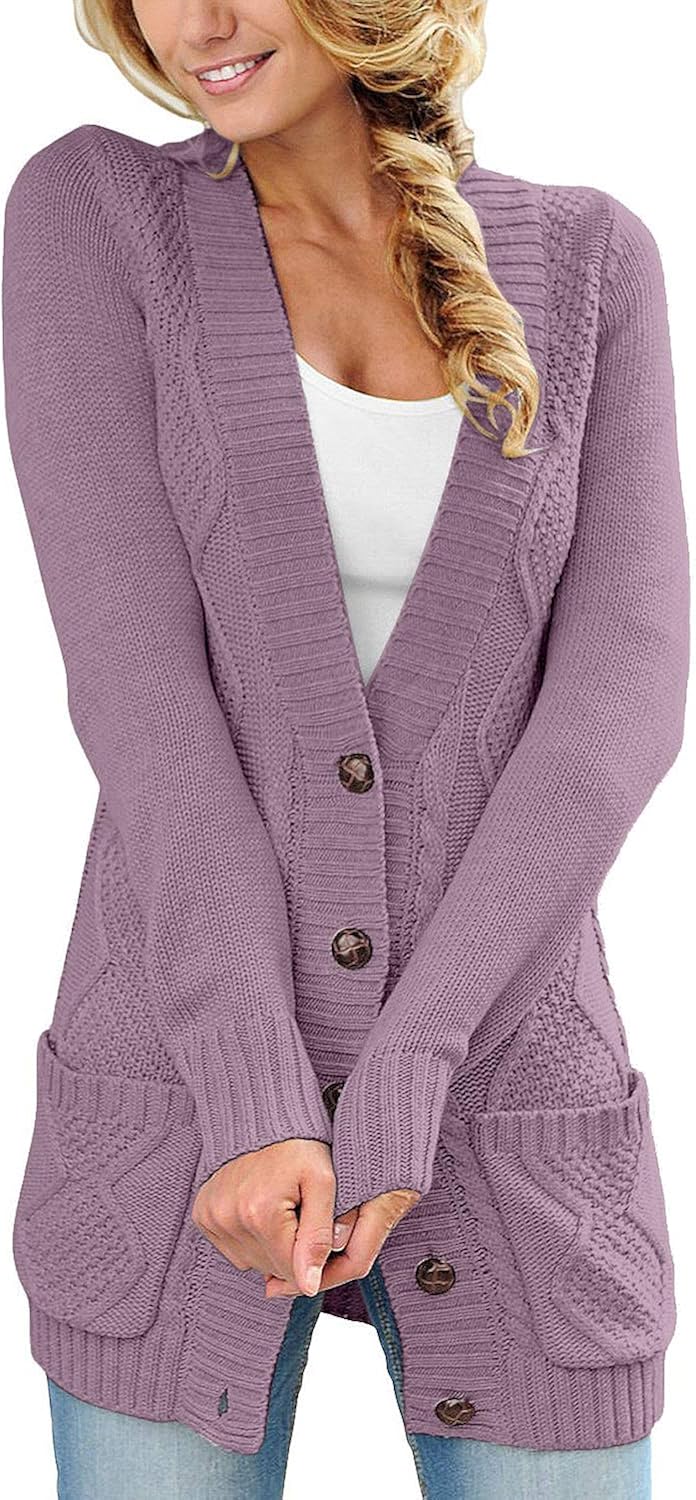 luvamia Womens Long Sleeve Open Front Buttons Cable Knit Pocket Sweater Cardigan at  Women’s Clothing store