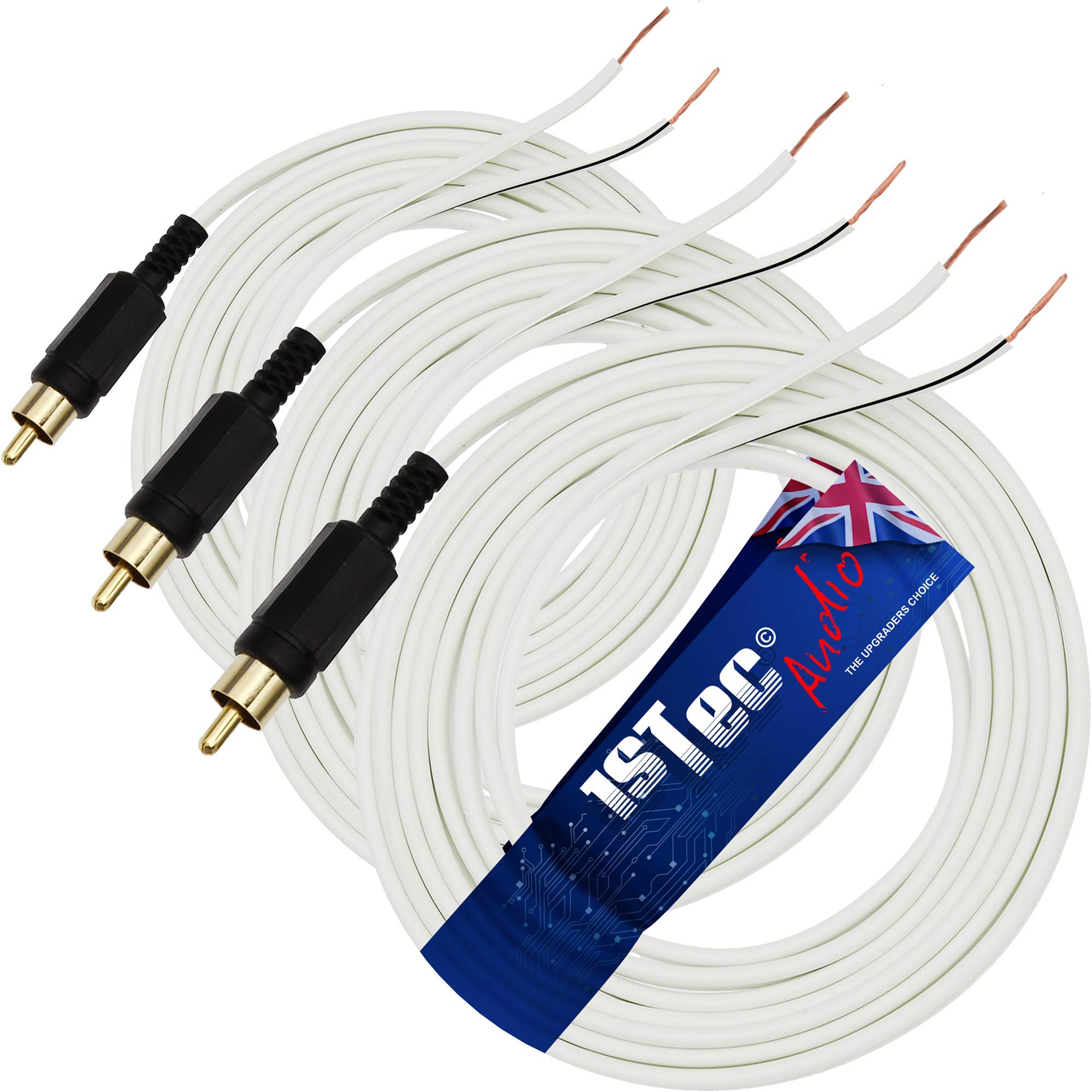 1STec 3 x 6m Gold Plated Bose 5.1 Acoustimass Lifestyle 10 15 18 28 48 V and T System Rear or Front Cube Surround Sound Satellite Speaker Wire RCA to Stripped Bare Ends (3 x 6 Metre, White)