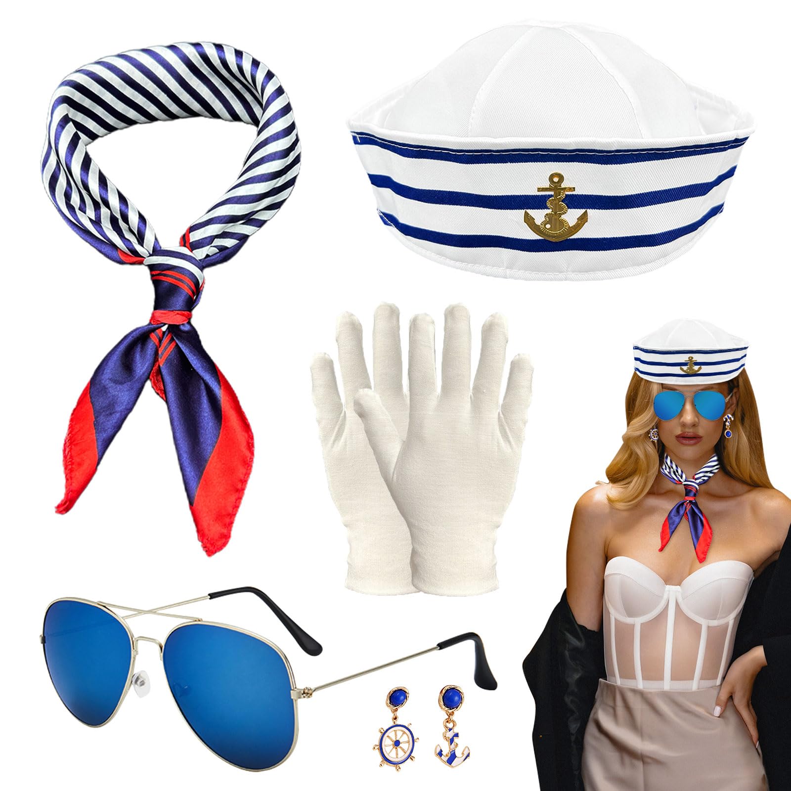 SKHAOVS 5 PCS Striped Sailor Nautical Outfit Set for Women,Sailor Hat Sunglasses Square Scarf White Gloves Ear Accessories,Sailor Outfit Navy Nautical for Yacht Party Halloween Cosplay (5 PCS)