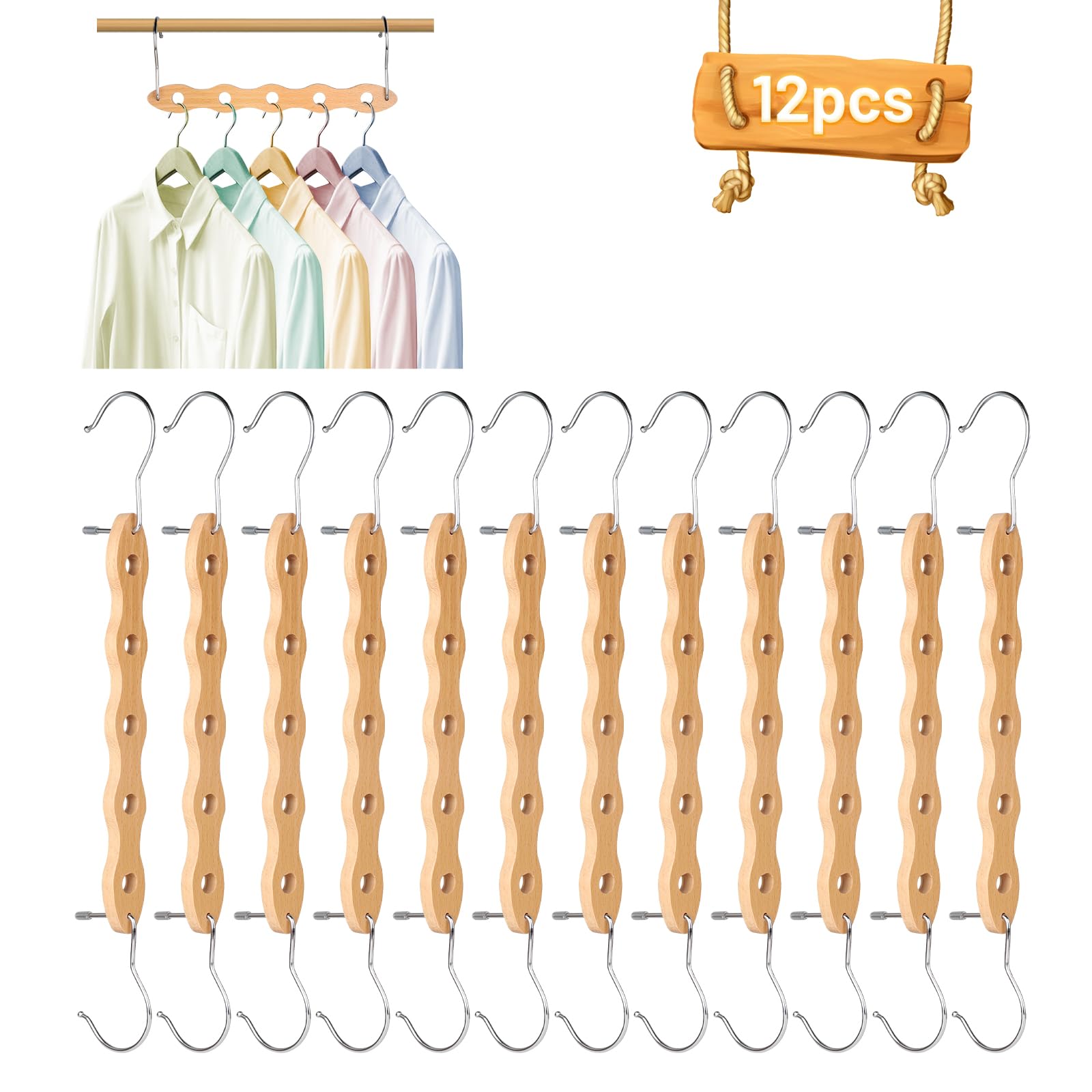 LALAGO Space Saving Clothes Hangers, Pack of 12 Multiple Wooden Hangers, Wardrobe Organiser, Non-Slip Wooden Cupboard Organiser, Magic Hangers, Space Max Hangers