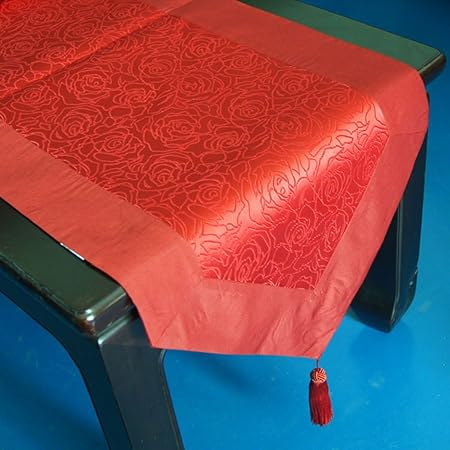 Golden Red Black Rose Jacquard Silk Floral Table Flags Fabric