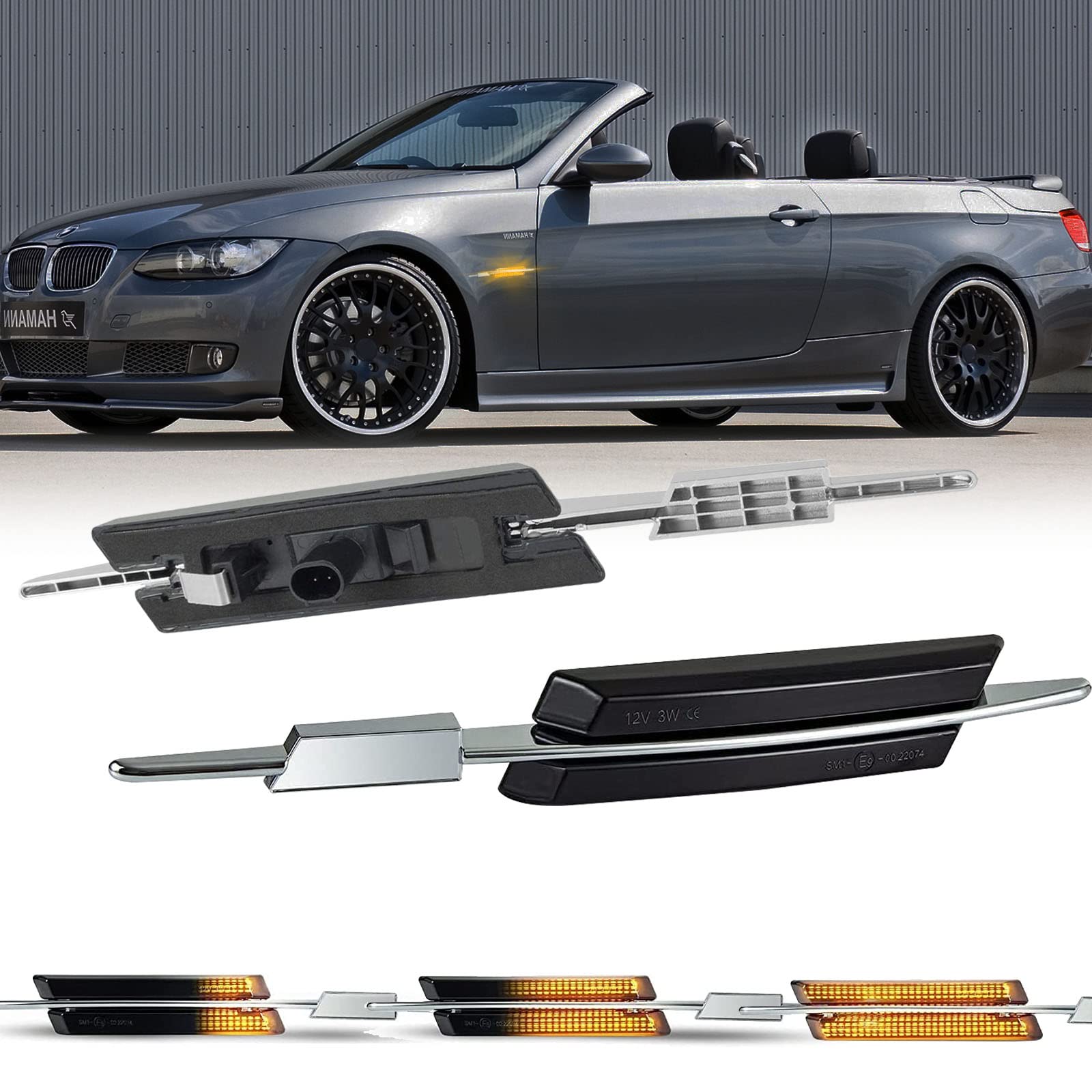 OZ-LAMPE Dynamic Side Indicator for BMW E90 E91 E92 E93 E60 E61 E82 E88, Amber Sequential LED Side Marker, Turn Signal Lights Flowing Blinker Lamp1 Pair, Smoked lens