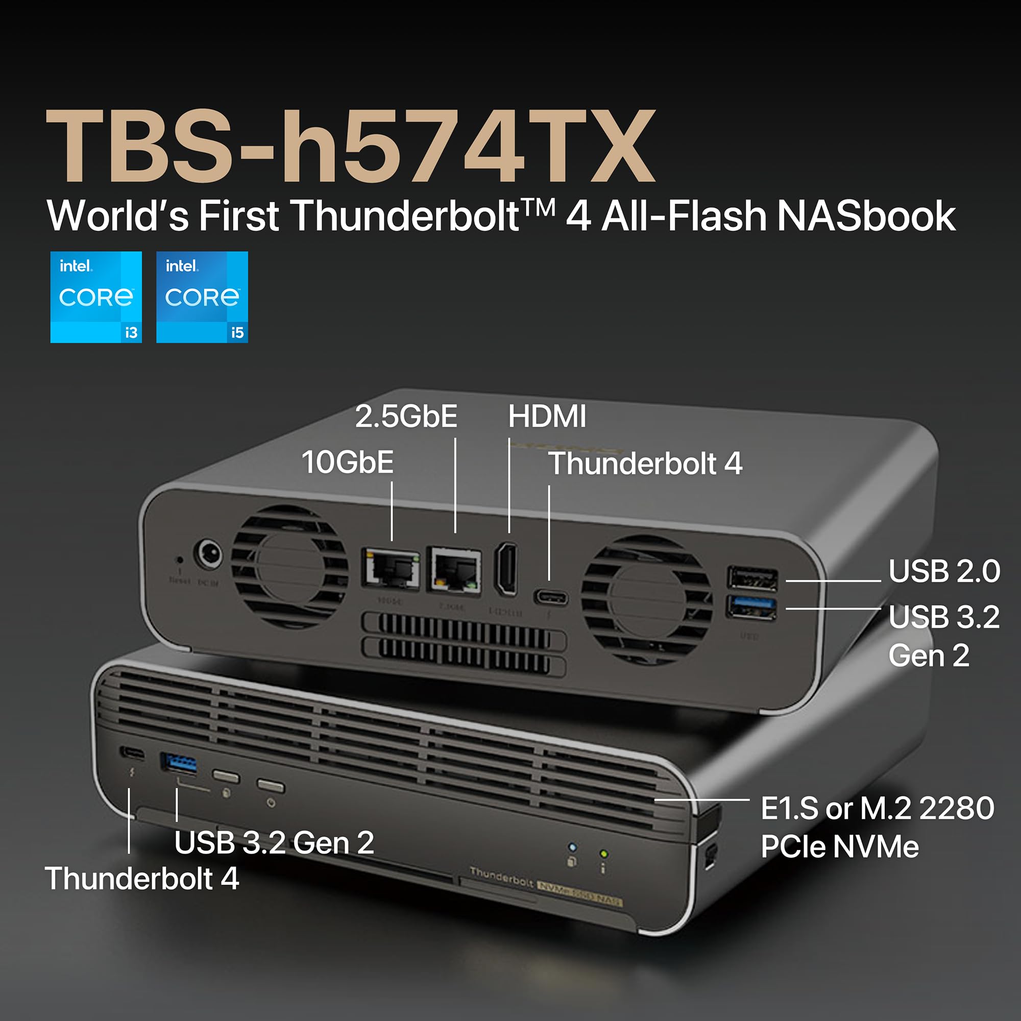 QNAP TBS-h574TX-i5-16G-US 5 Bay High-Performance E1.S All-Flash NASbook with Intel® Core™ Processor, Thunderbolt 4 and 10GbE (5G/2.5G/1G/100M/10M) Network Connectivity (Diskless)