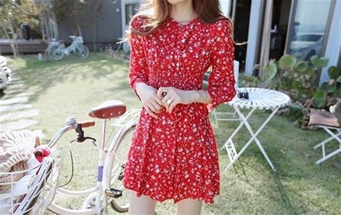 Amazon Co Jp チュニックワンピース 花柄 赤 七分袖 かわいい きれいめ 服 ファッション小物
