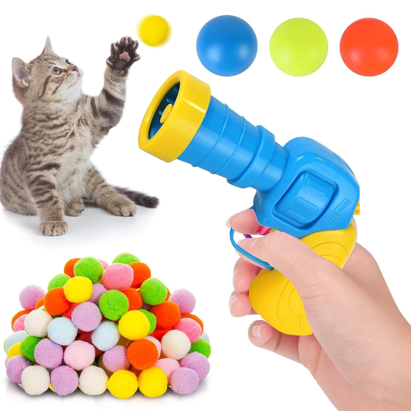 SSKHE Interactive Cat Toys - Ball Launcher with 100 Soft Pom Pom Balls for Indoor Cat Exercise and Training