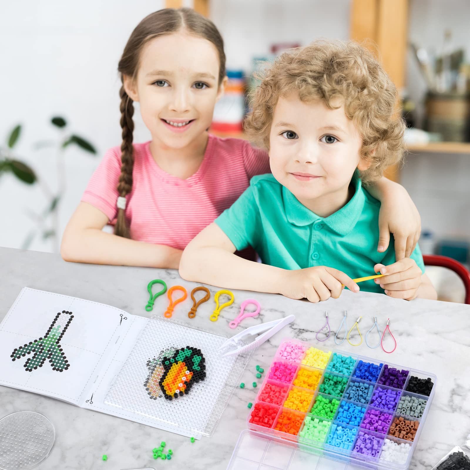 QUEFE 5200pcs Fuse Beads Kit for Boys and Girls, 24 Colors 5mm Melting Beads Set Including Pegboards, Ironing Paper, Tweezers, Colorful Hooks for Birthday and Christmas Gift