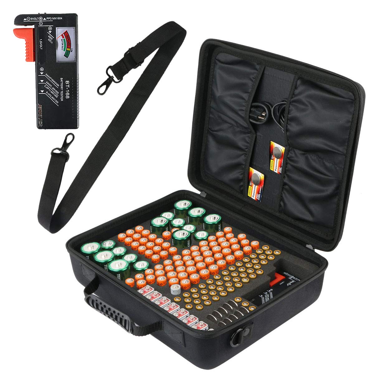 co2CREA Hard Travel Battery Organizer with Shoulder Strap for Storage Box with Tester BT-168D, Carrying case Battery Bag Holds 153 Batteries AA AAA C D 9V Lithium 3V (not Included Batteries)