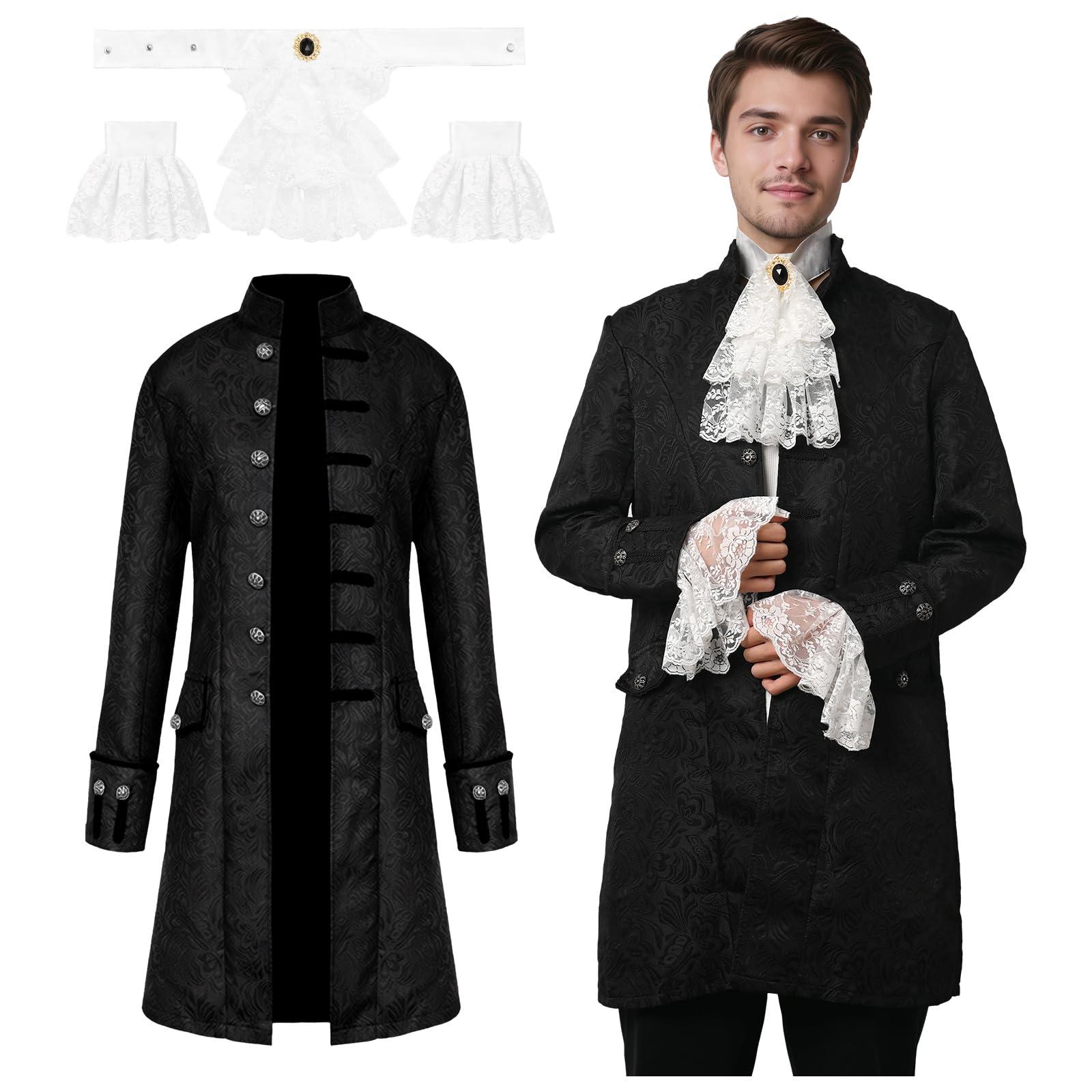 JDFAIJEAL Men's Steampunk Vintage Gothic Tailcoat,Medieval Victorian Frock Coat Renaissance Jacket,Carnival Halloween Cosplay Uniform Costume (Black, S)