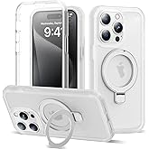UTPPVX Compatible with iPhone 15 Pro Max Case with Magnetic Ring Stand [Compatible with Mag-Safe] [Built-in Screen Protector] Military-Grade Drop Protection Matte Translucent Phone Case, White