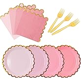 Leapig Pink & gold mix scalloped party plates with napkins and fork gold foil border, 24 Guest Pink disposable Tableware Set Party Decoration for Birthday Coquette Bridal Baby Shower Valentines