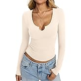 EasyGala Womens Cotton Long Sleeve Tops Scoop Neck V Notch Shirts Y2K Low Cut Tshirt Fall Slim Fitted Basic Clothes 2026