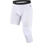 Roadbox Men's One Leg Compression Pants 3/4 Basketball Football Tights Leggings with Pockets, Capri Sports Athletic Underwear