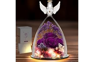 GMAOPHY Mothers Day Angel Rose Gifts for Mom Grandma, Birthday Gifts for Women Wife Her, Gifts for Mom from Daughter Son, Preserved Real Purple Rose in Glass Angel Figurines with LED Light Gifts for Birthday