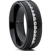 Black Titanium Men's Eternity Wedding Band Ring with Cubic Zirconia CZ, Comfort Fit 8mm