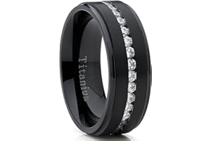 METAL MASTERS CO. Black Titanium Men's Eternity Wedding Band Ring with Cubic Zirconia CZ, Comfort Fit 8mm