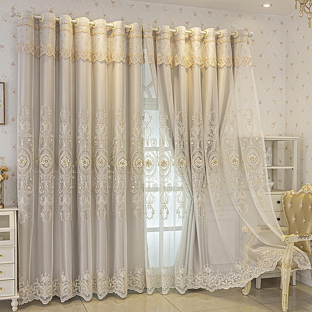 Photo 1 of Amidoudou 1 Pair European Double Layer Curtains for Living Room Bedroom 3D Flower Embroidered Curtains with Valance (Beige,51x84 Inch)